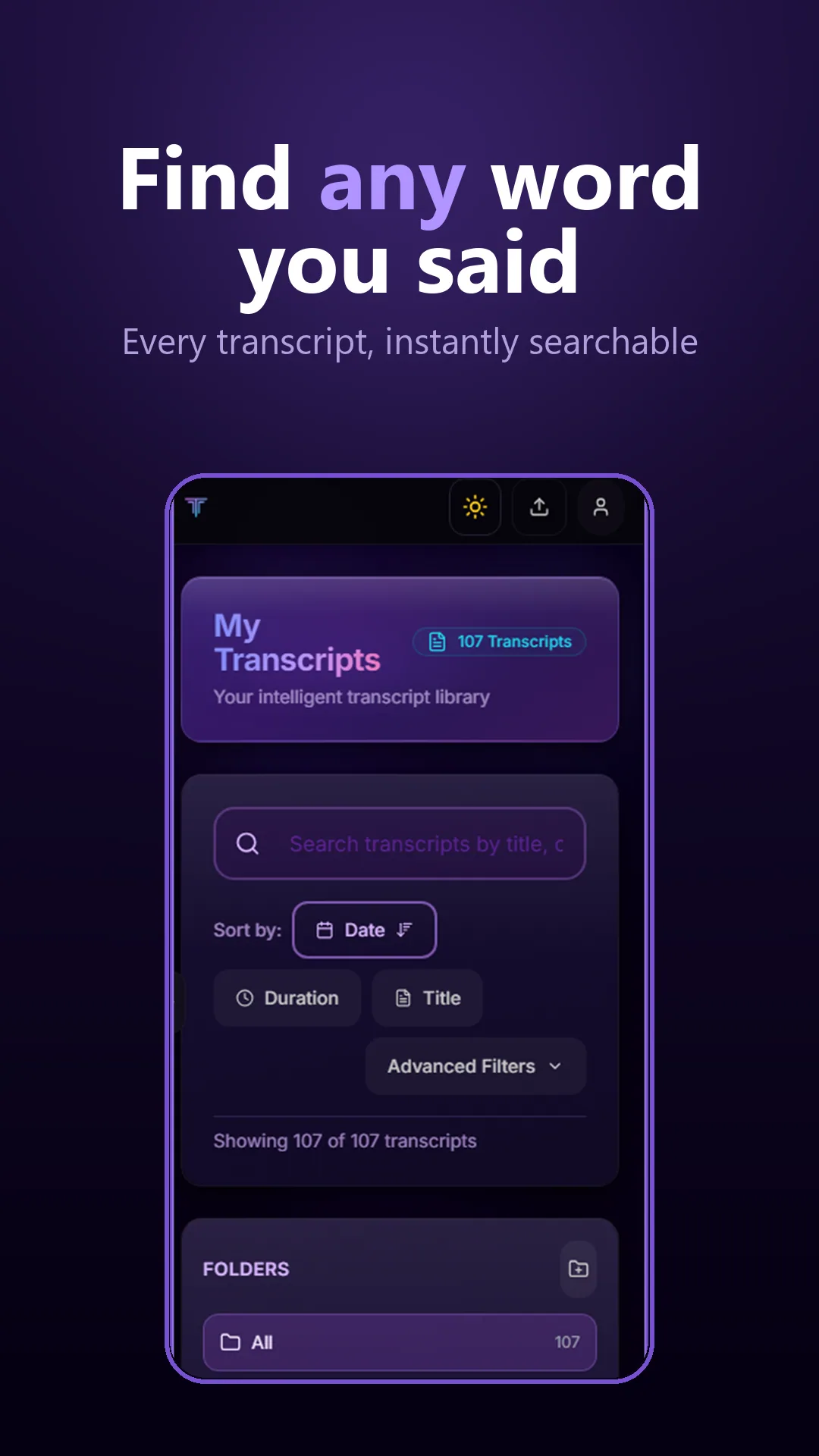 TranscriptAI transcript library, every transcript instantly searchable