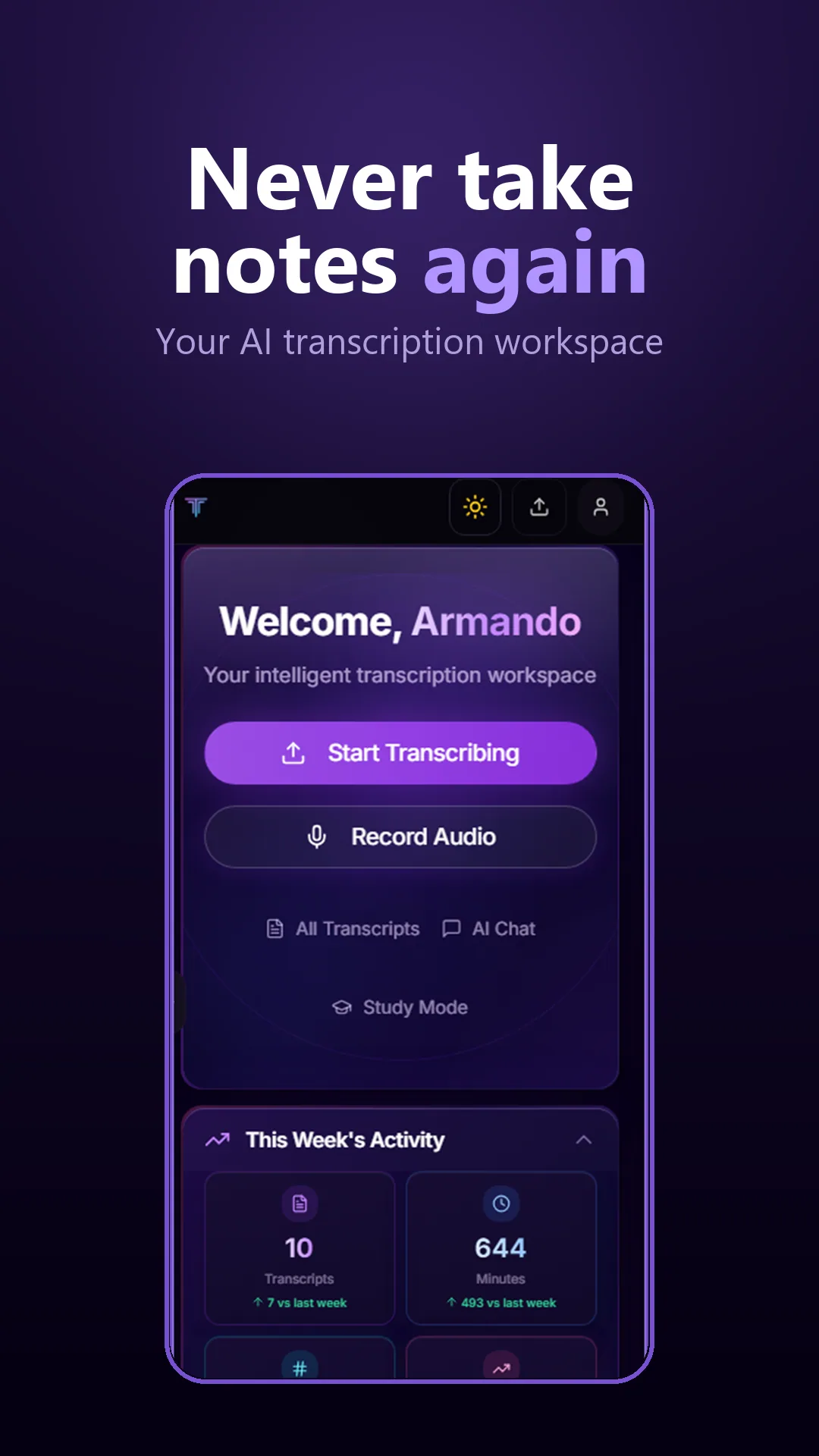 TranscriptAI home workspace, start transcribing or record audio