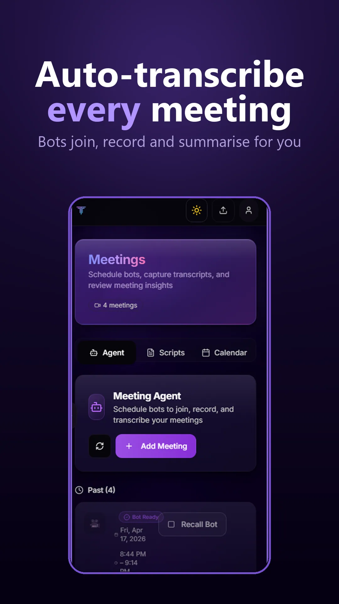 TranscriptAI meeting agent that auto-transcribes every meeting