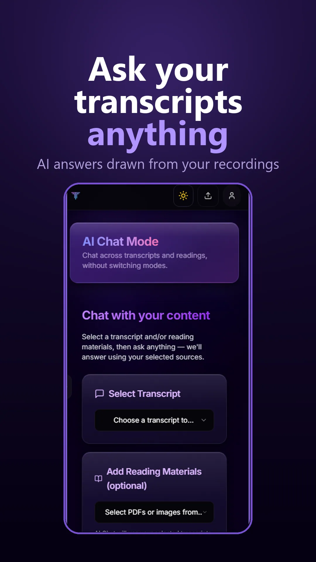 TranscriptAI AI chat mode, ask your transcripts and readings anything