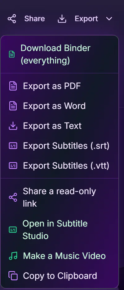 TranscriptAI export menu opened on a transcript, listing formats including PDF, Word, plain text, SRT and VTT.