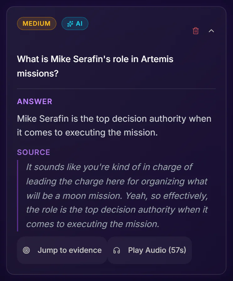 A TranscriptAI flashcard generated from the NASA podcast, turned over to show the answer, a source quote, a Jump to evidence link and a Play Audio button at 57 seconds.