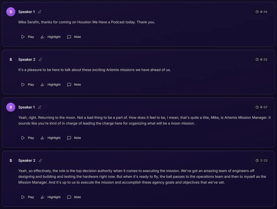 TranscriptAI transcript of a NASA podcast interview: segments labelled Speaker 1 and Speaker 2, each with a timestamp and Play, Highlight and Note buttons.