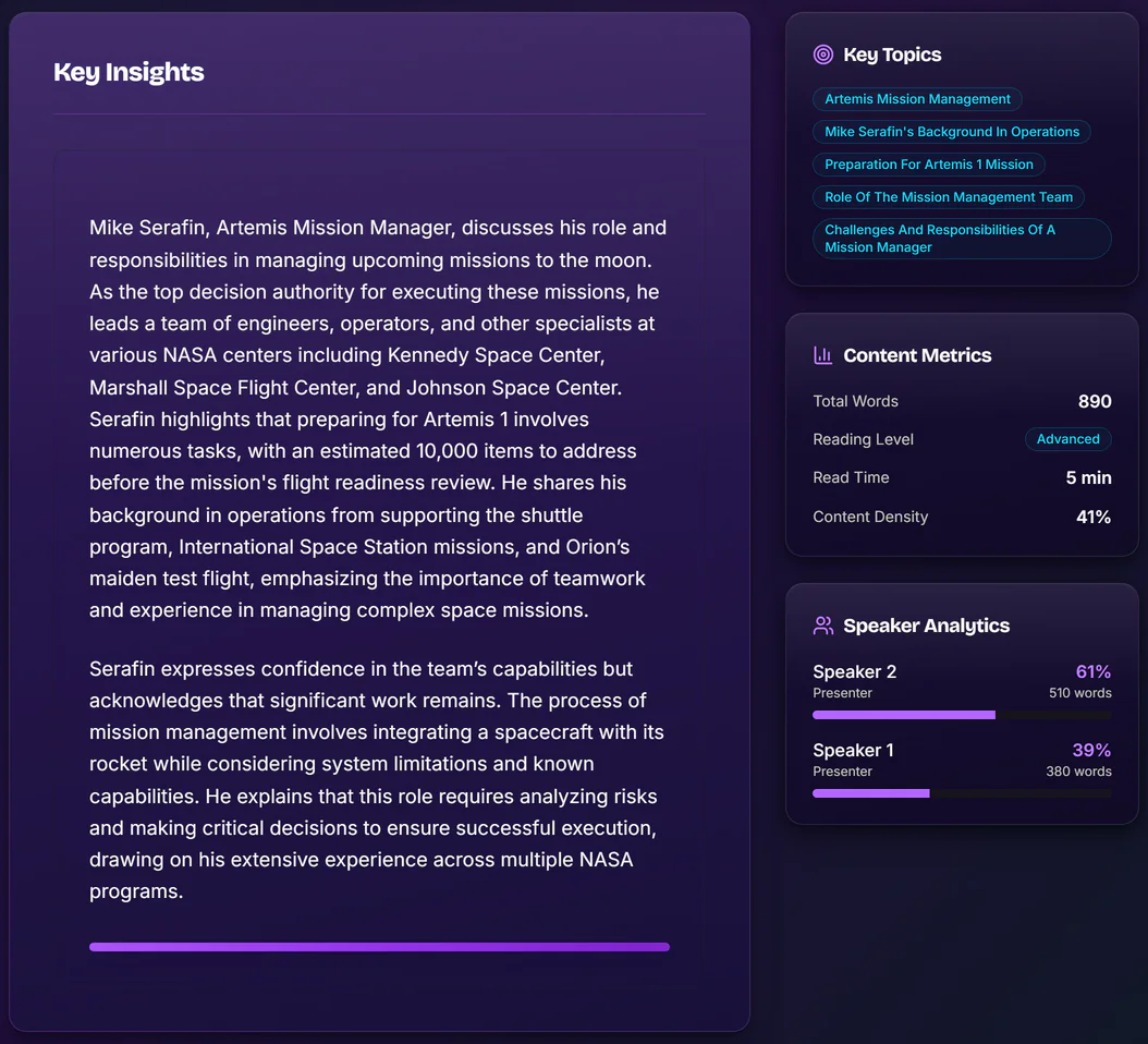 TranscriptAI summary of a NASA podcast: Key Topics, Content Metrics (890 words, 5 minute read) and Speaker Analytics showing each speaker's share of words.